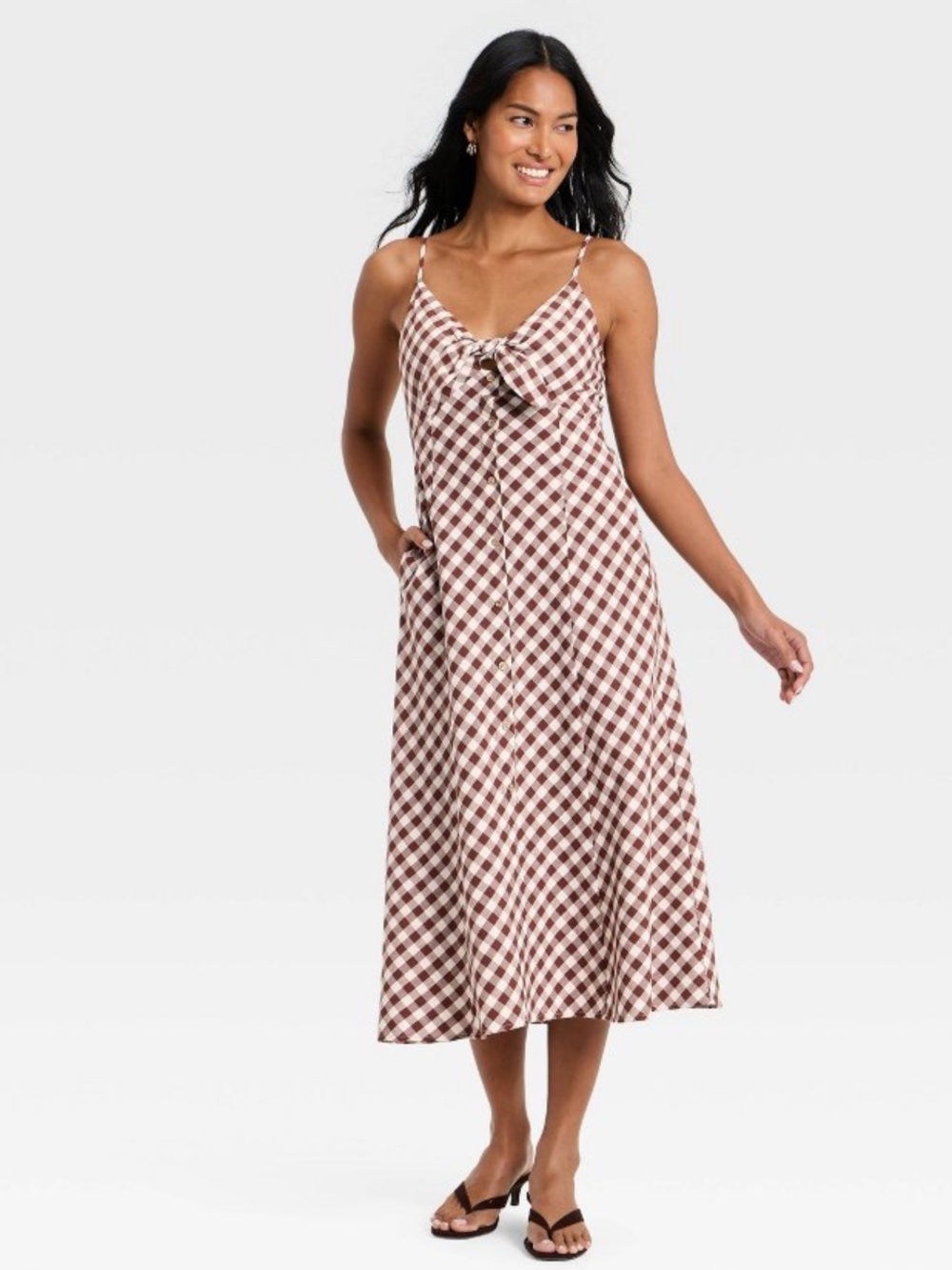 A New Day Women's Sleeveless Bow-Front Midi A-Line Dress -Brn Gingham XS, S or M